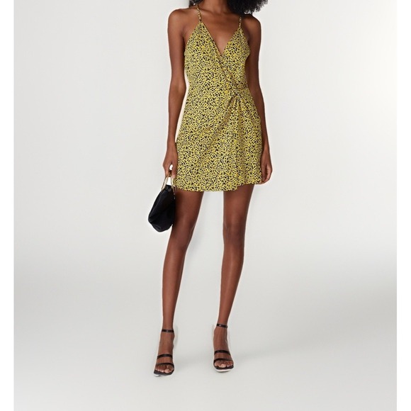 BCBGeneration Dresses & Skirts - BCBGenteration | Yellow Faux Wrap Mini Dress Sz 0 Animal Print